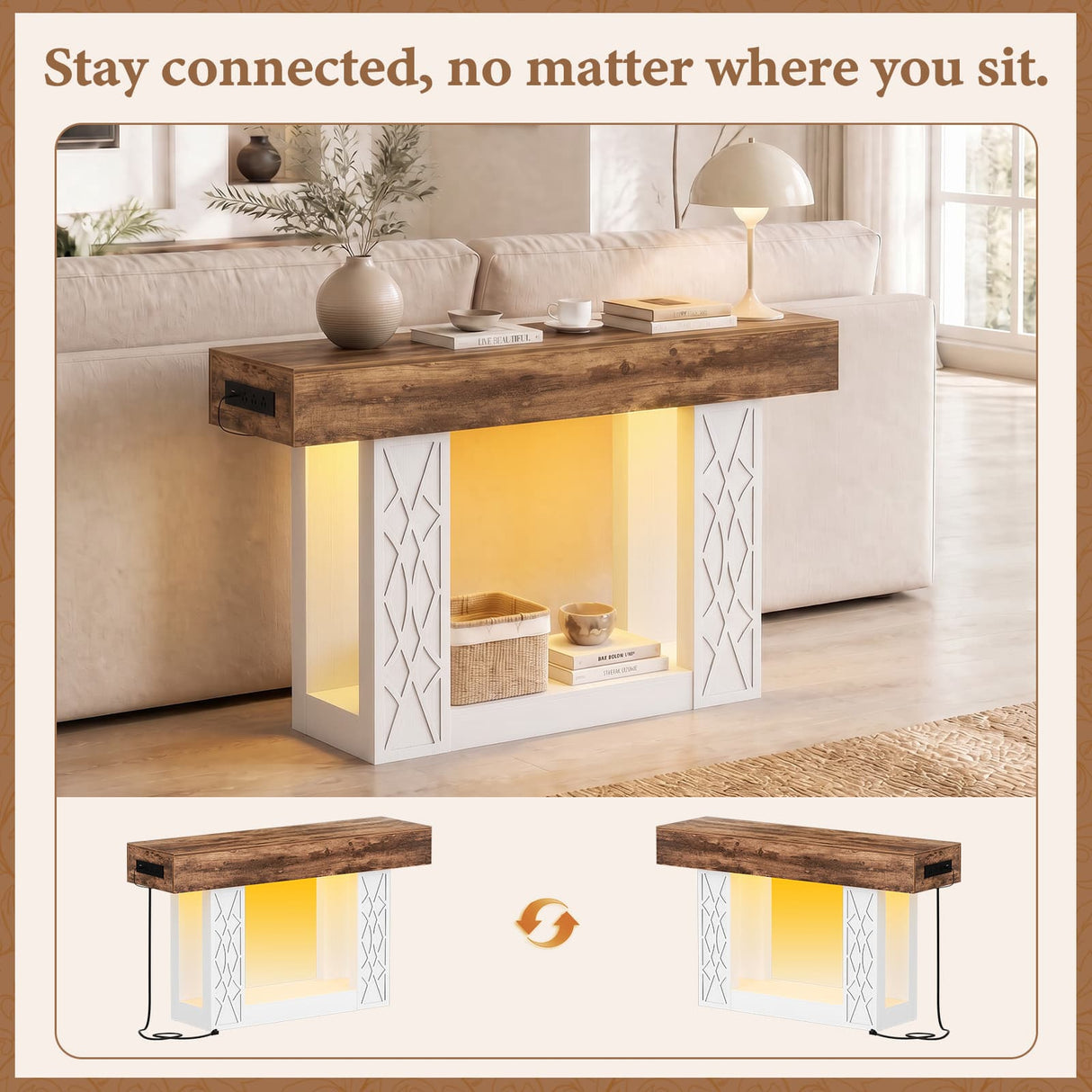 47" Console Table with LED Lights & Outlets, Farmhouse Entryway Table with Geometric Lattice Pattern, 2-Tier Narrow Sofa Table Behind Couch for Living Room, Hallway, Foyer