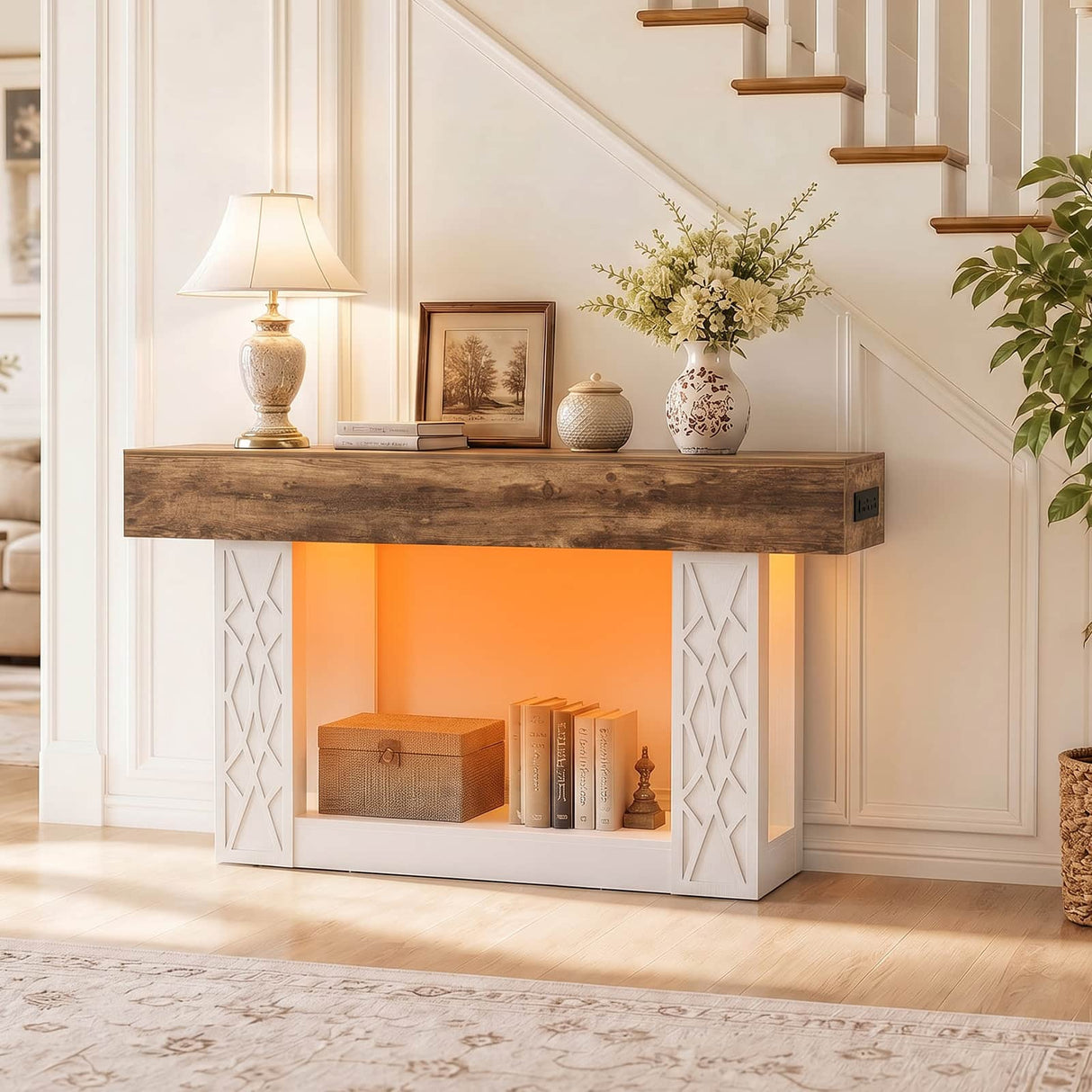 63" Console Table with LED Lights & Outlets, Farmhouse Entryway Table with Geometric Lattice Pattern, 2-Tier Narrow Sofa Table Behind Couch for Living Room, Hallway, Foyer