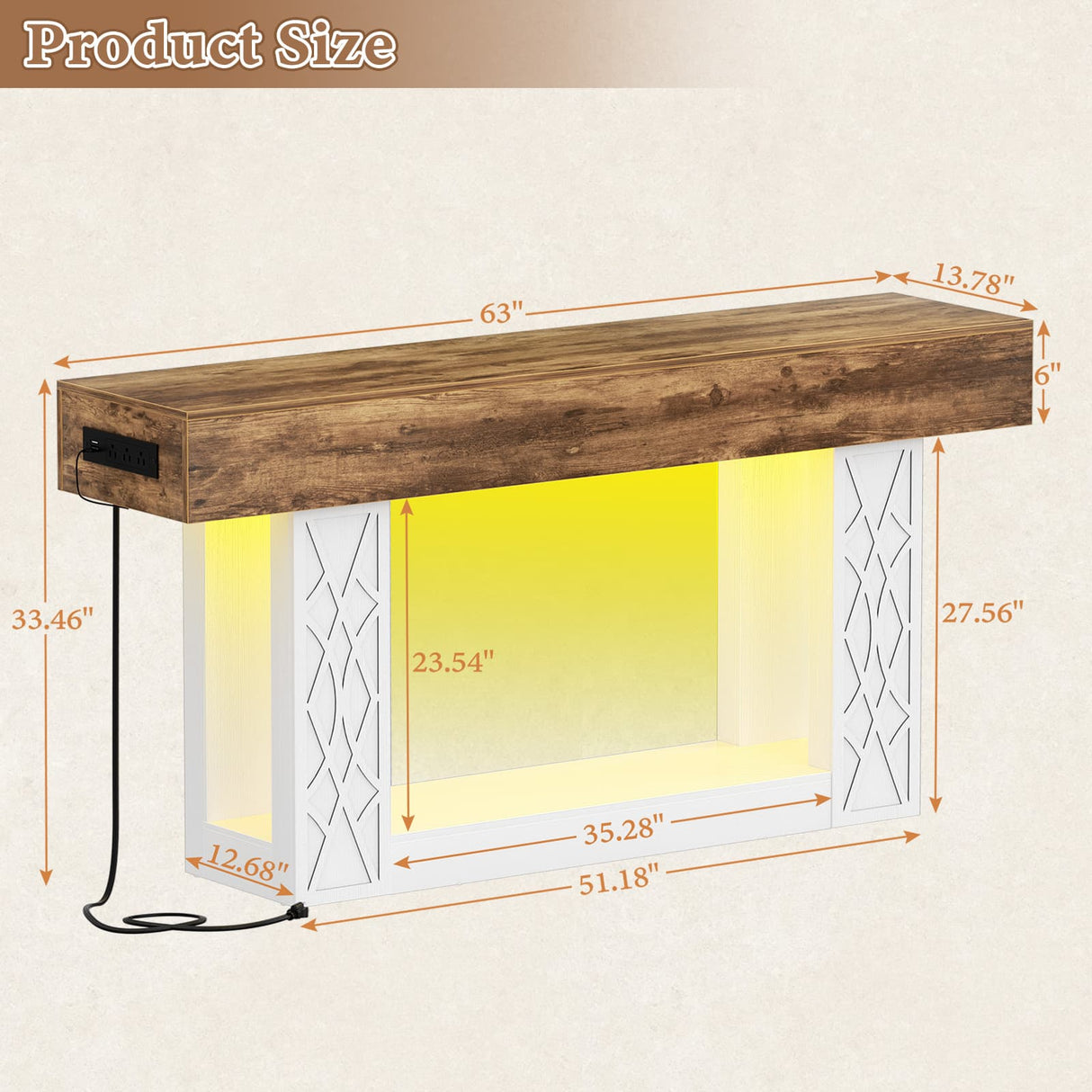63" Console Table with LED Lights & Outlets, Farmhouse Entryway Table with Geometric Lattice Pattern, 2-Tier Narrow Sofa Table Behind Couch for Living Room, Hallway, Foyer