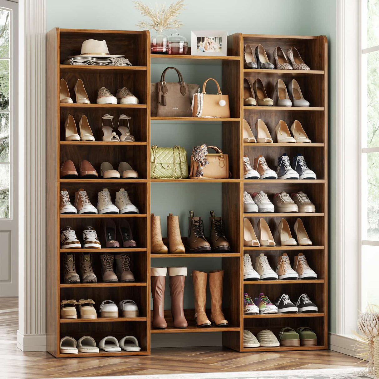 14-Tier Shoe Cabinet, Wood Shoe Storage Organizer for Entryway