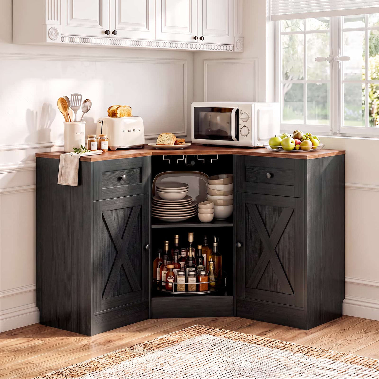 Coner Cabinet, Kitchen Pantry Cabinet with Outlets