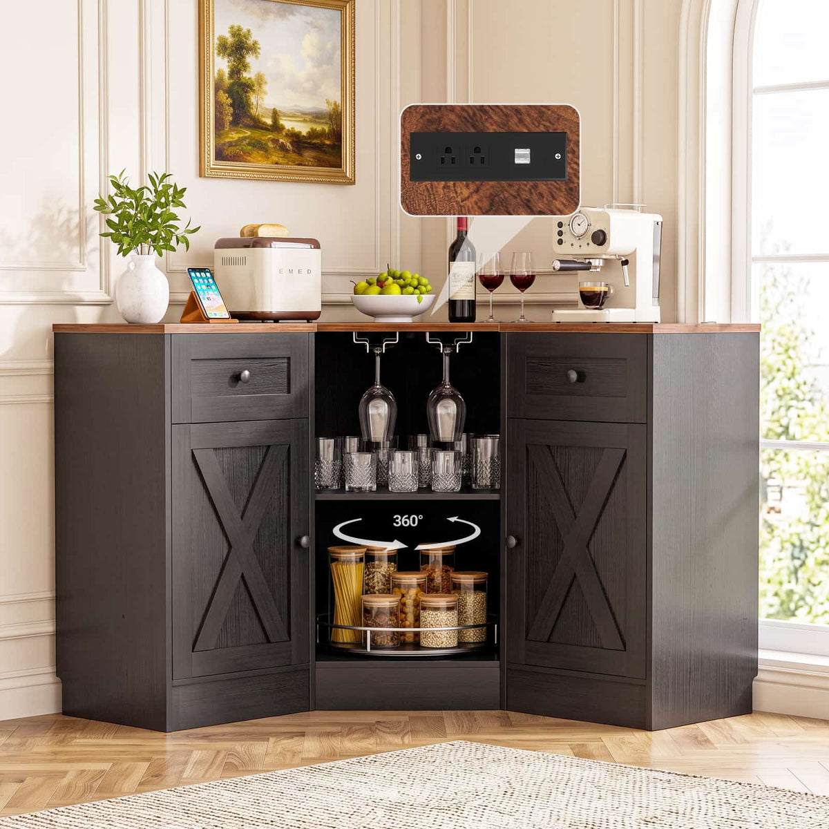 Coner Cabinet, Kitchen Pantry Cabinet with Outlets