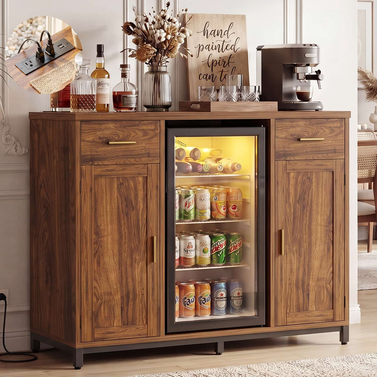 Coffee Bar Cabinet with Mini Fridge Space, Wine Bar with Charging Station & Drawers( Refrigerator not included )