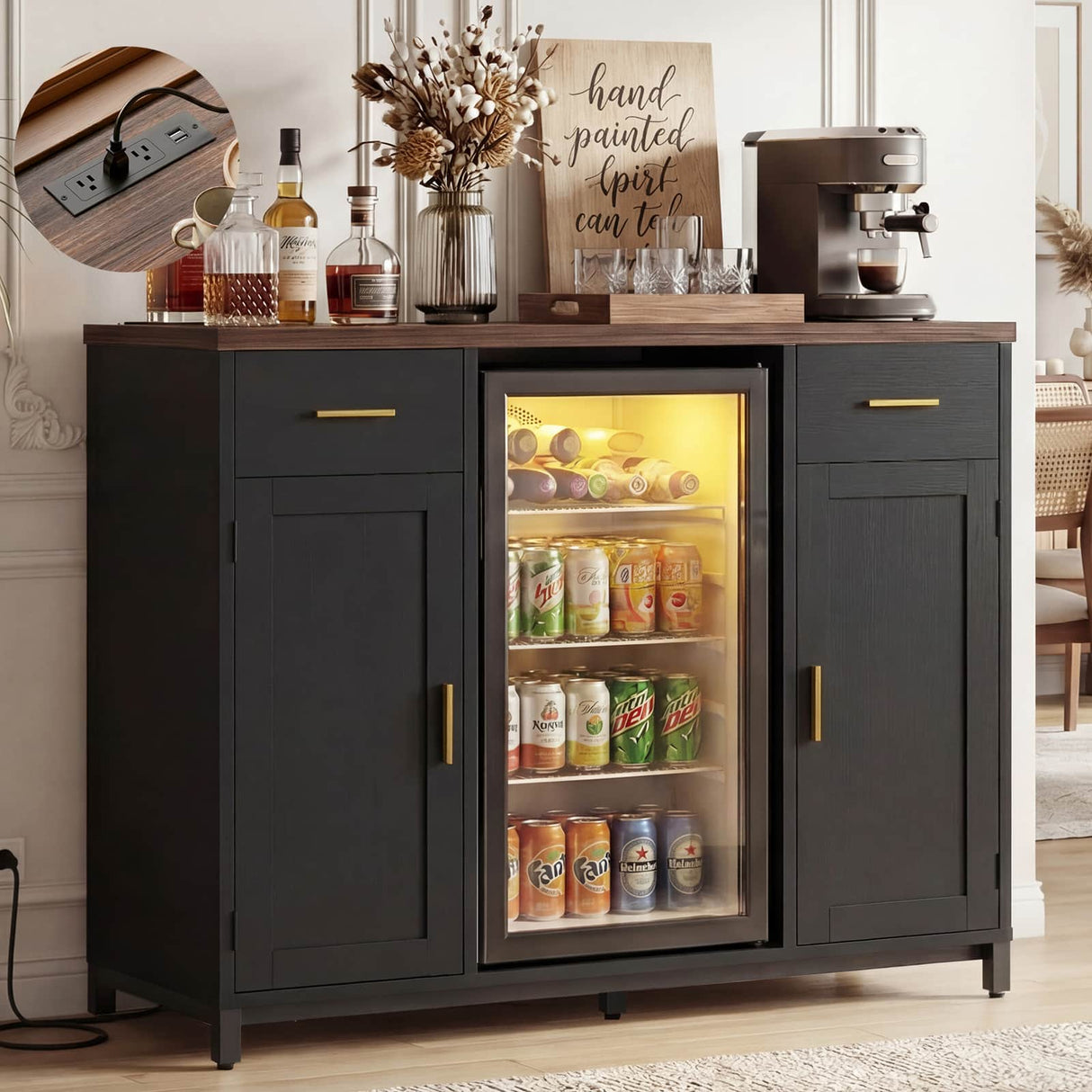 Coffee Bar Cabinet with Mini Fridge Space, Wine Bar with Charging Station & Drawers( Refrigerator not included )