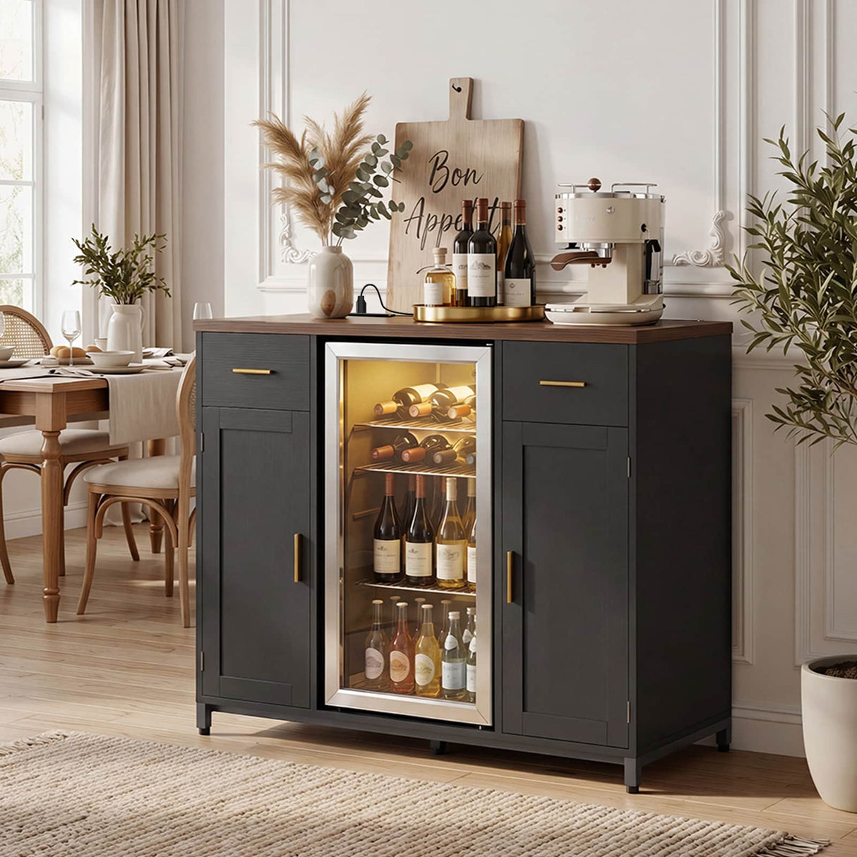 Coffee Bar Cabinet with Mini Fridge Space, Wine Bar with Charging Station & Drawers( Refrigerator not included )