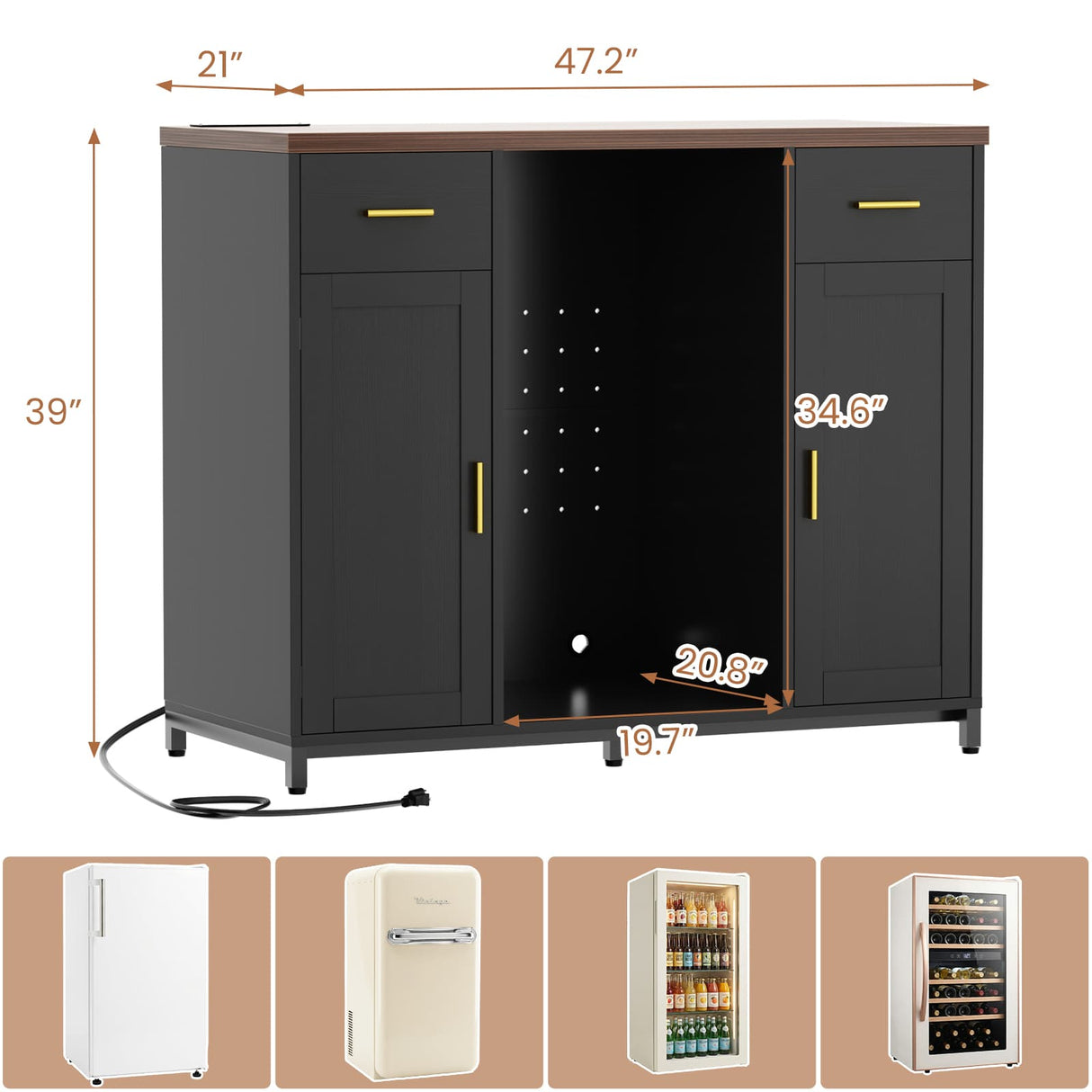 Coffee Bar Cabinet with Mini Fridge Space, Wine Bar with Charging Station & Drawers( Refrigerator not included )