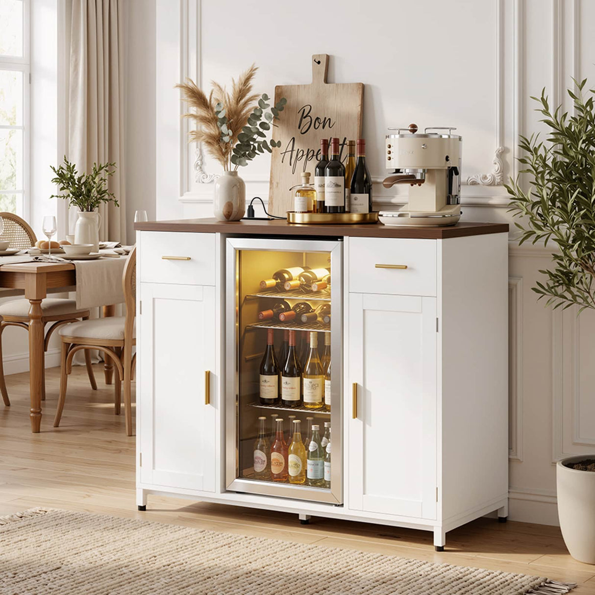Coffee Bar Cabinet with Mini Fridge Space, Wine Bar with Charging Station & Drawers( Refrigerator not included )