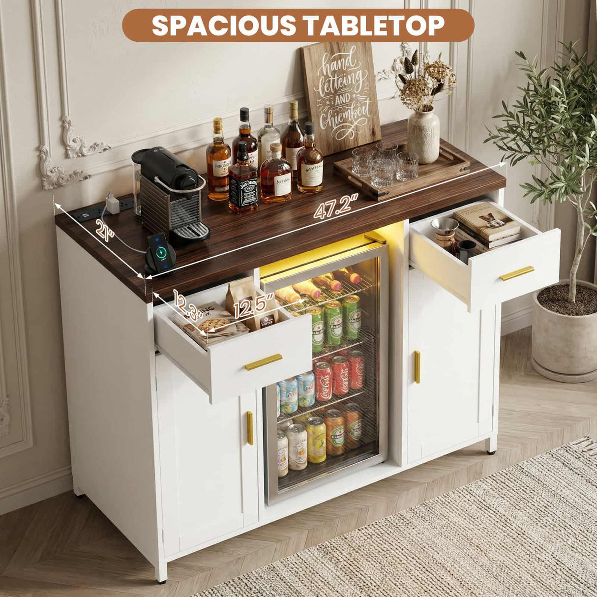 Coffee Bar Cabinet with Mini Fridge Space, Wine Bar with Charging Station & Drawers( Refrigerator not included )