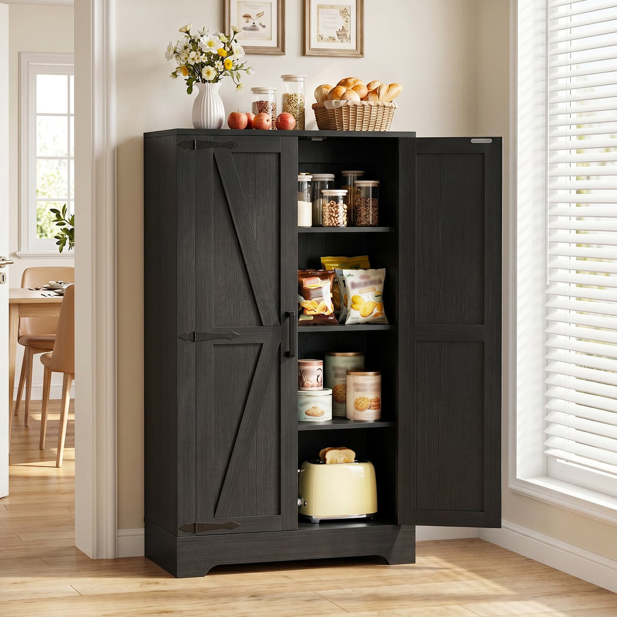 43.3" Farmhouse Storage Cabinet with Doors and Adjustable Shelves | Wood Pantry Cabinet