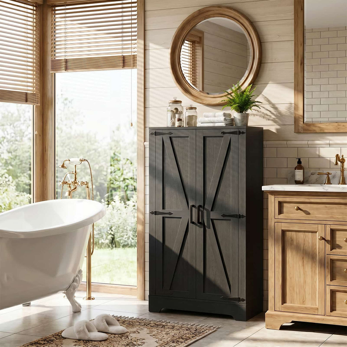 Bathroom Storage Cabinet, 43.3" Farmhouse Storage Cabinet with 2 Doors and Adjustable Shelves
