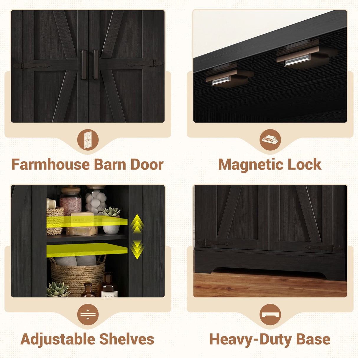 Bathroom Storage Cabinet, 43.3" Farmhouse Storage Cabinet with 2 Doors and Adjustable Shelves