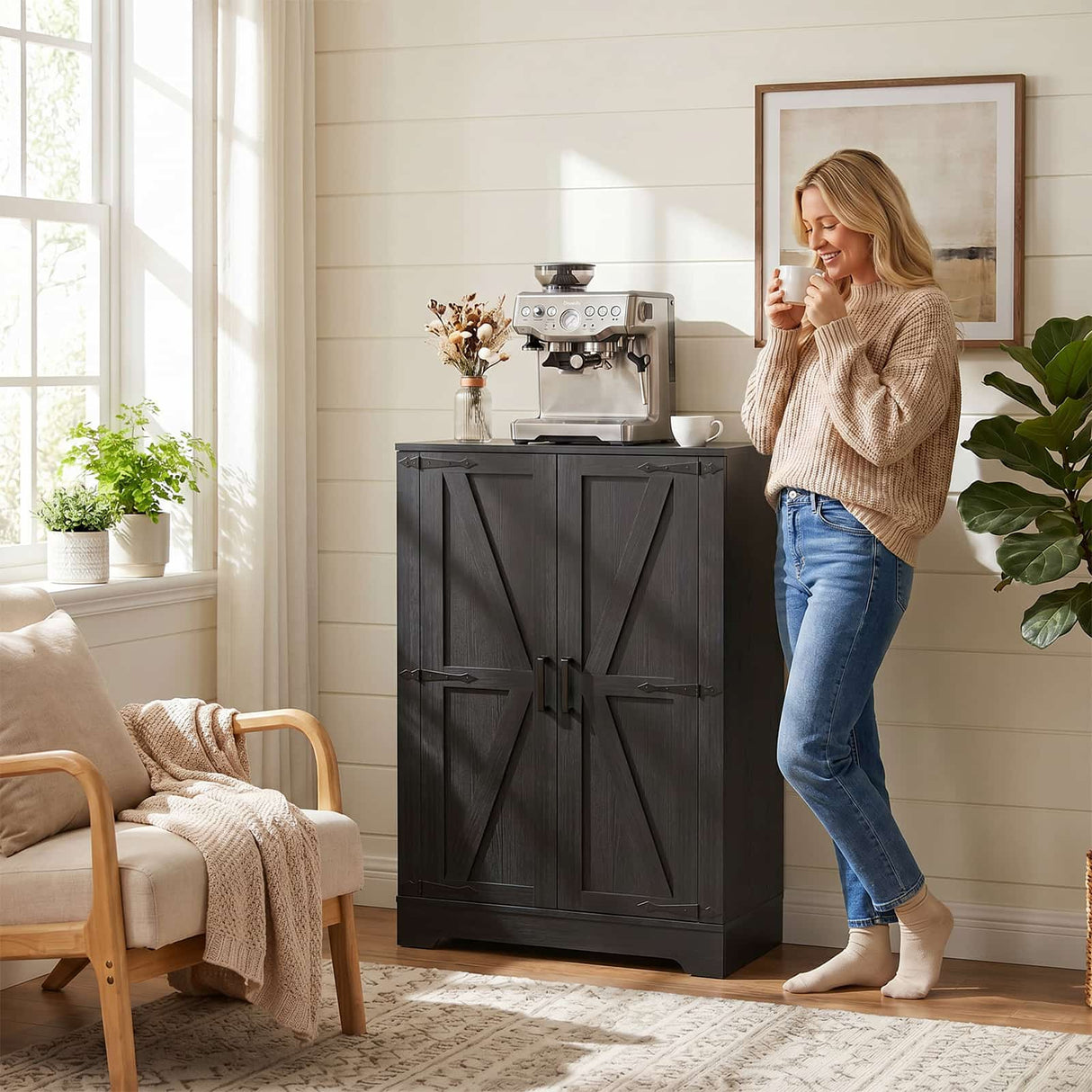Bathroom Storage Cabinet, 43.3" Farmhouse Storage Cabinet with 2 Doors and Adjustable Shelves