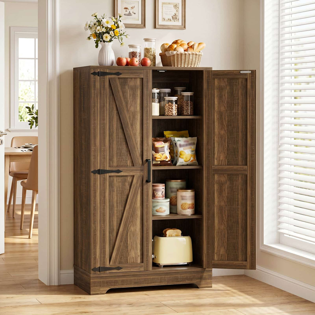 43.3" Farmhouse Storage Cabinet with Doors and Adjustable Shelves | Wood Pantry Cabinet