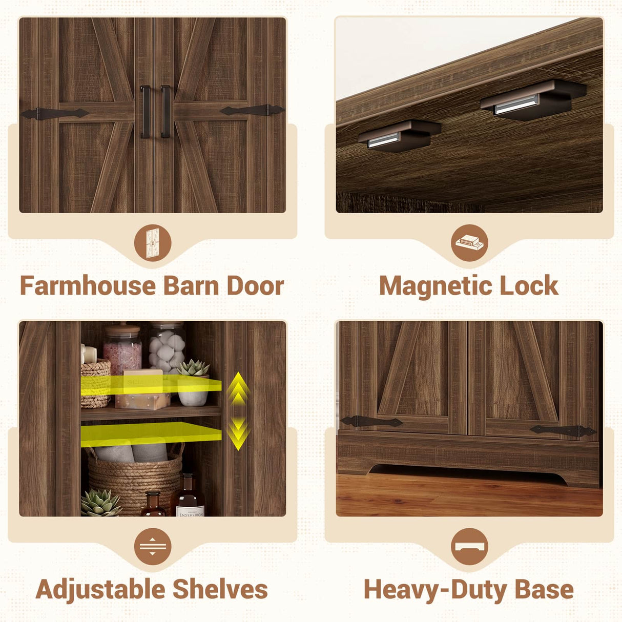 Bathroom Storage Cabinet, 43.3" Farmhouse Storage Cabinet with 2 Doors and Adjustable Shelves