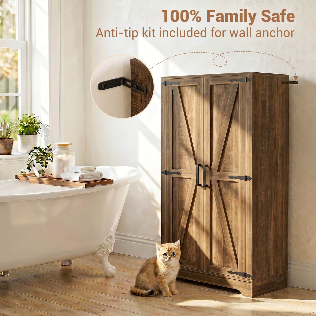 Bathroom Storage Cabinet, 43.3" Farmhouse Storage Cabinet with 2 Doors and Adjustable Shelves