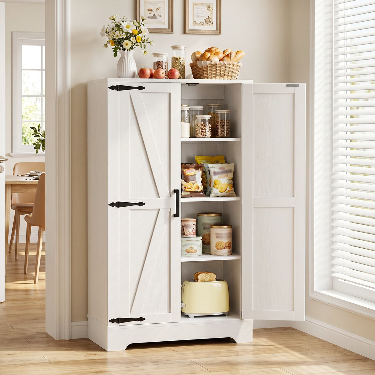 43.3" Farmhouse Storage Cabinet with Doors and Adjustable Shelves | Wood Pantry Cabinet