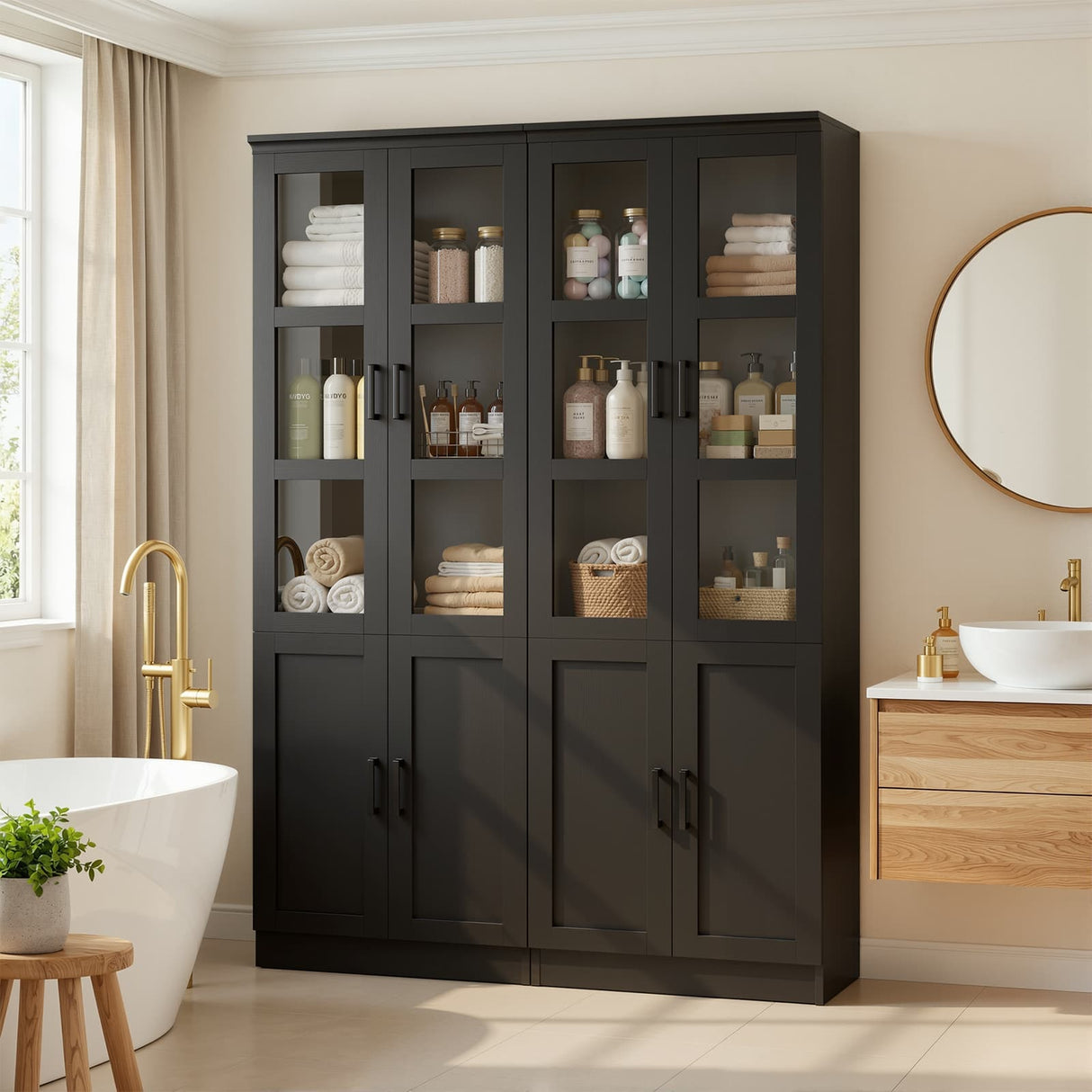 79.7" Tall Kitchen Pantry Storage Cabinet with Tempered Glass Doors, 2 Packs