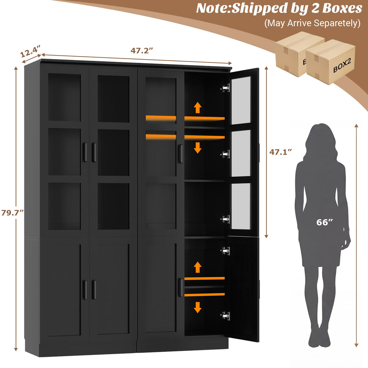79.7" Tall Kitchen Pantry Storage Cabinet with Tempered Glass Doors, 2 Packs