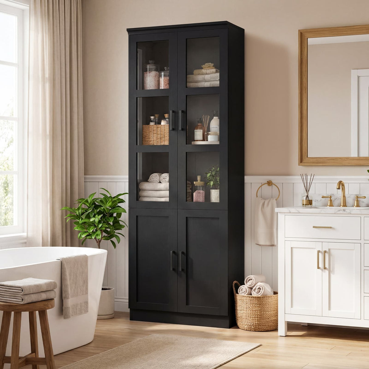 79.7" Tall Kitchen Pantry Storage Cabinet, Freestanding Kitchen Hutch Cabinet with Tempered Glass Doors
