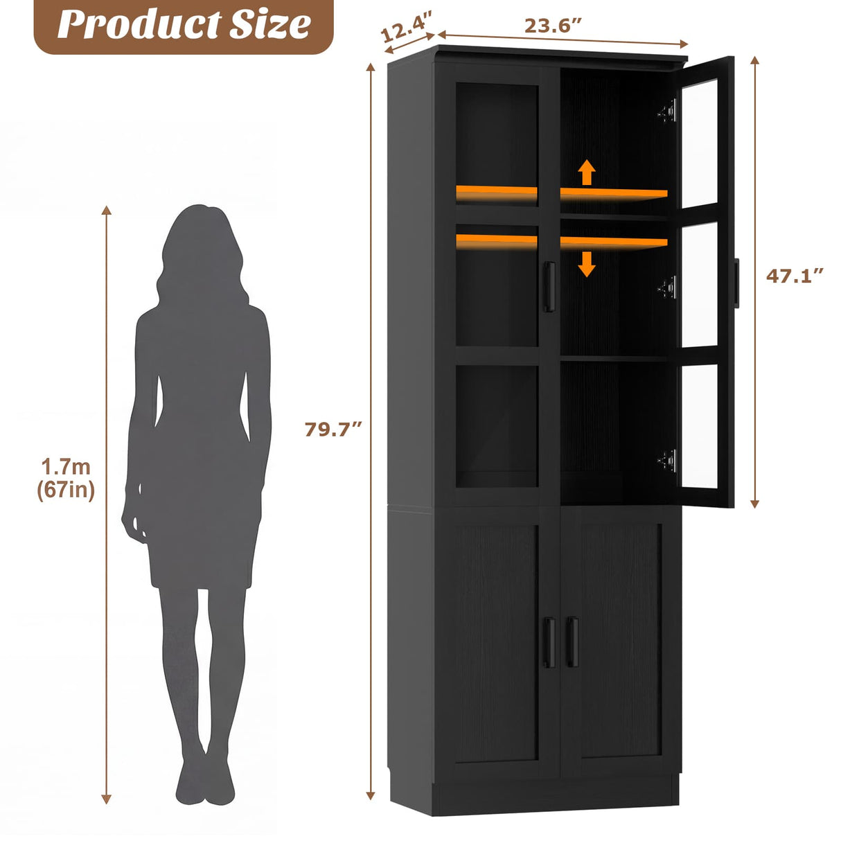 79.7" Tall Kitchen Pantry Storage Cabinet, Freestanding Kitchen Hutch Cabinet with Tempered Glass Doors