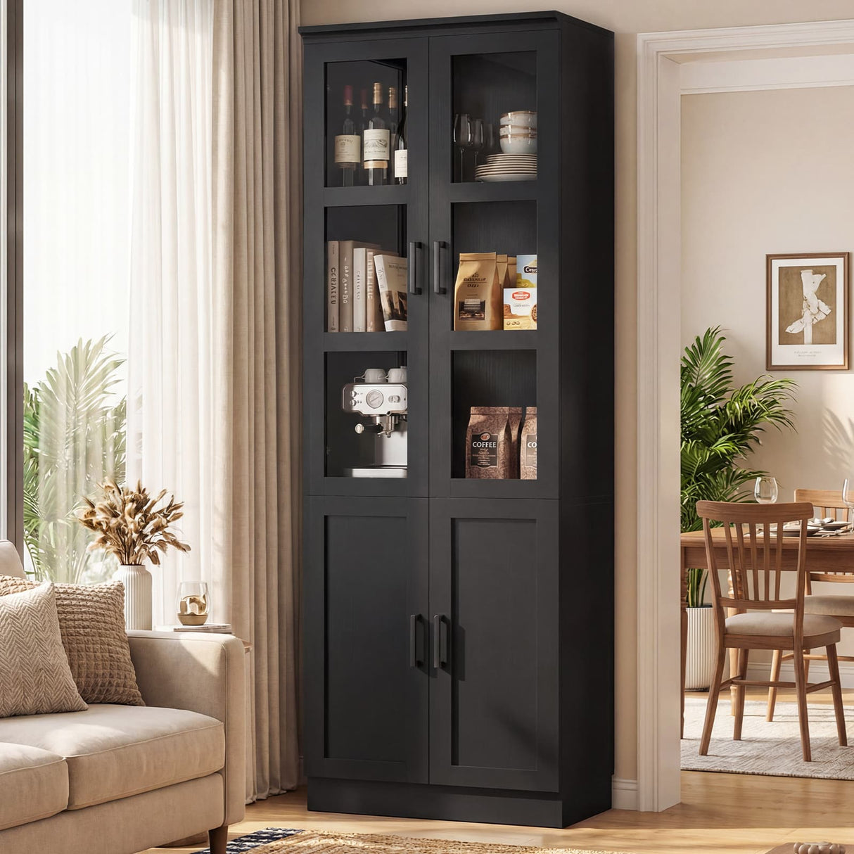 79.7" Tall Kitchen Pantry Storage Cabinet, Freestanding Kitchen Hutch Cabinet with Tempered Glass Doors