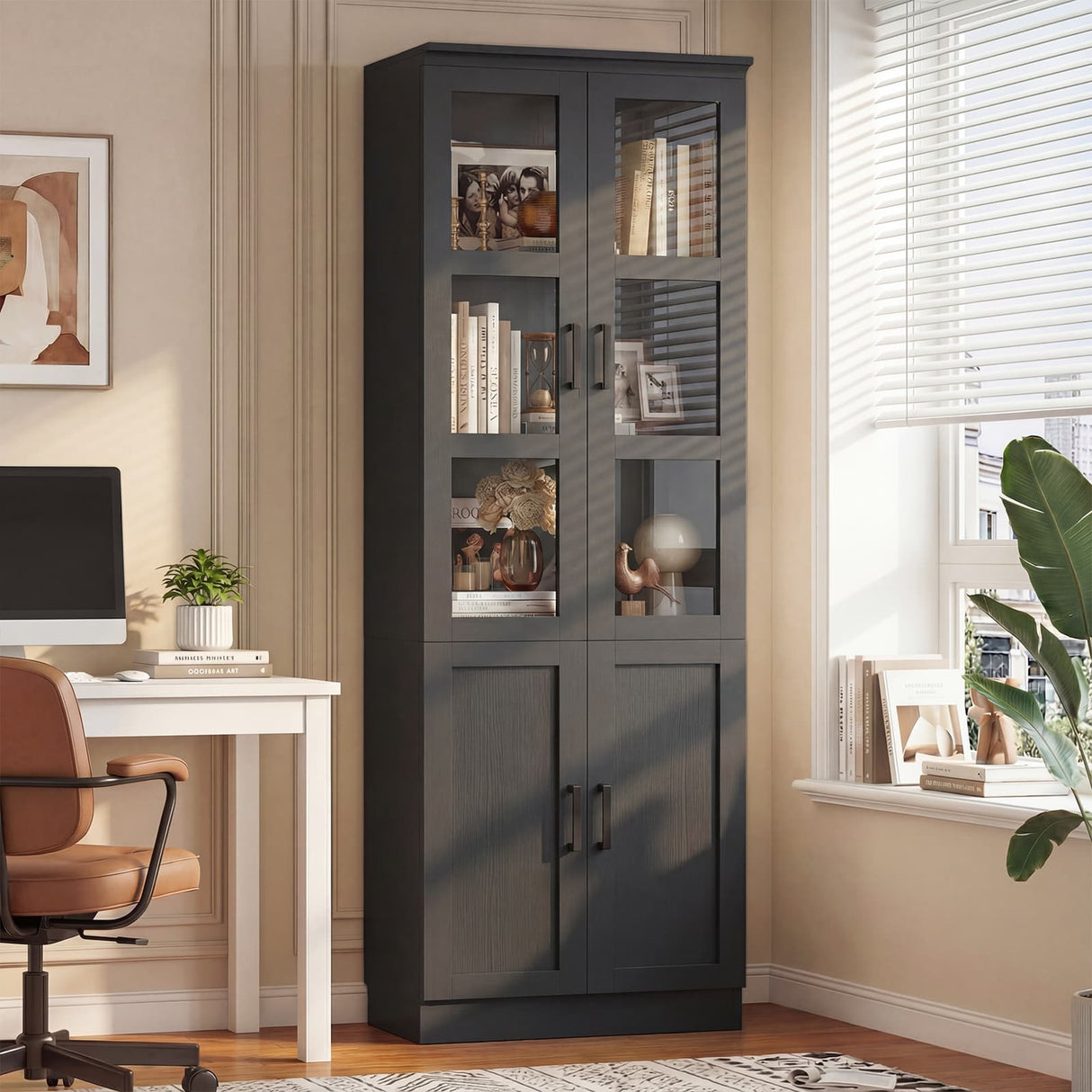 79.7" Tall Kitchen Pantry Storage Cabinet, Freestanding Kitchen Hutch Cabinet with Tempered Glass Doors