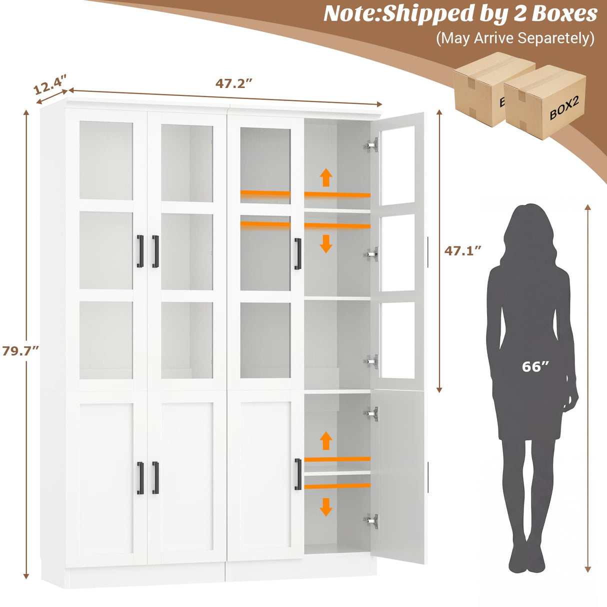 79.7" Tall Kitchen Pantry Storage Cabinet with Tempered Glass Doors, 2 Packs