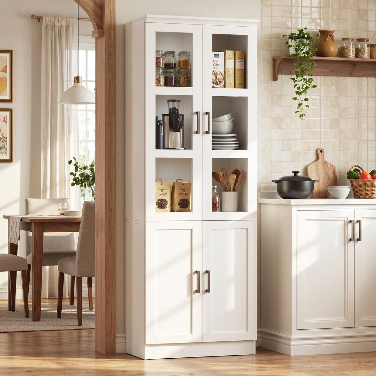 79.7" Tall Kitchen Pantry Storage Cabinet, Freestanding Kitchen Hutch Cabinet with Tempered Glass Doors