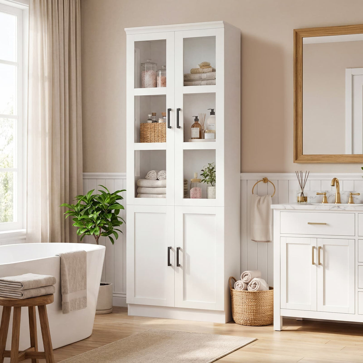 79.7" Tall Kitchen Pantry Storage Cabinet, Freestanding Kitchen Hutch Cabinet with Tempered Glass Doors