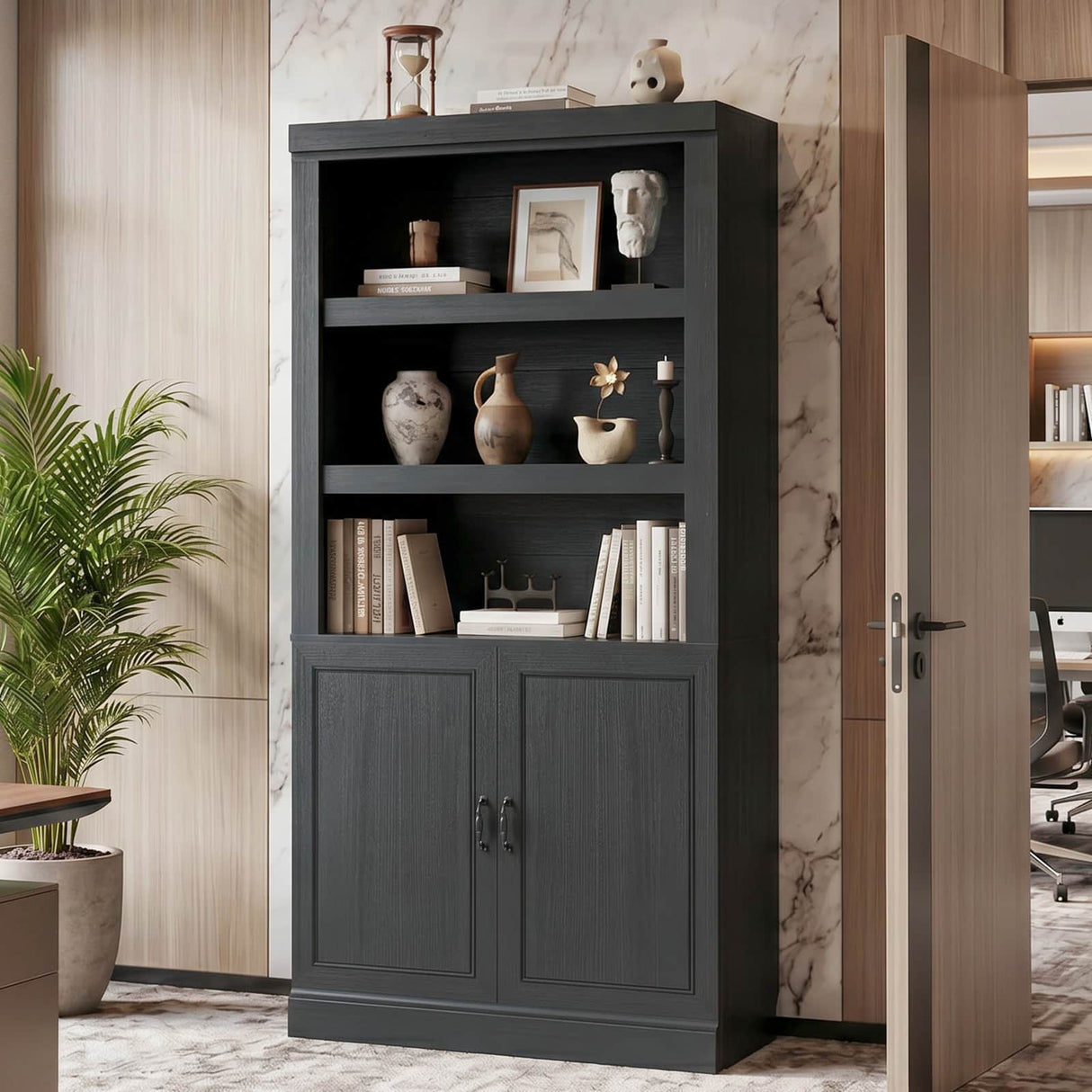 Storage 5-Shelf Bookcase, 71 Inch Tall Bookshelf with Doors and Adjustable Shelves