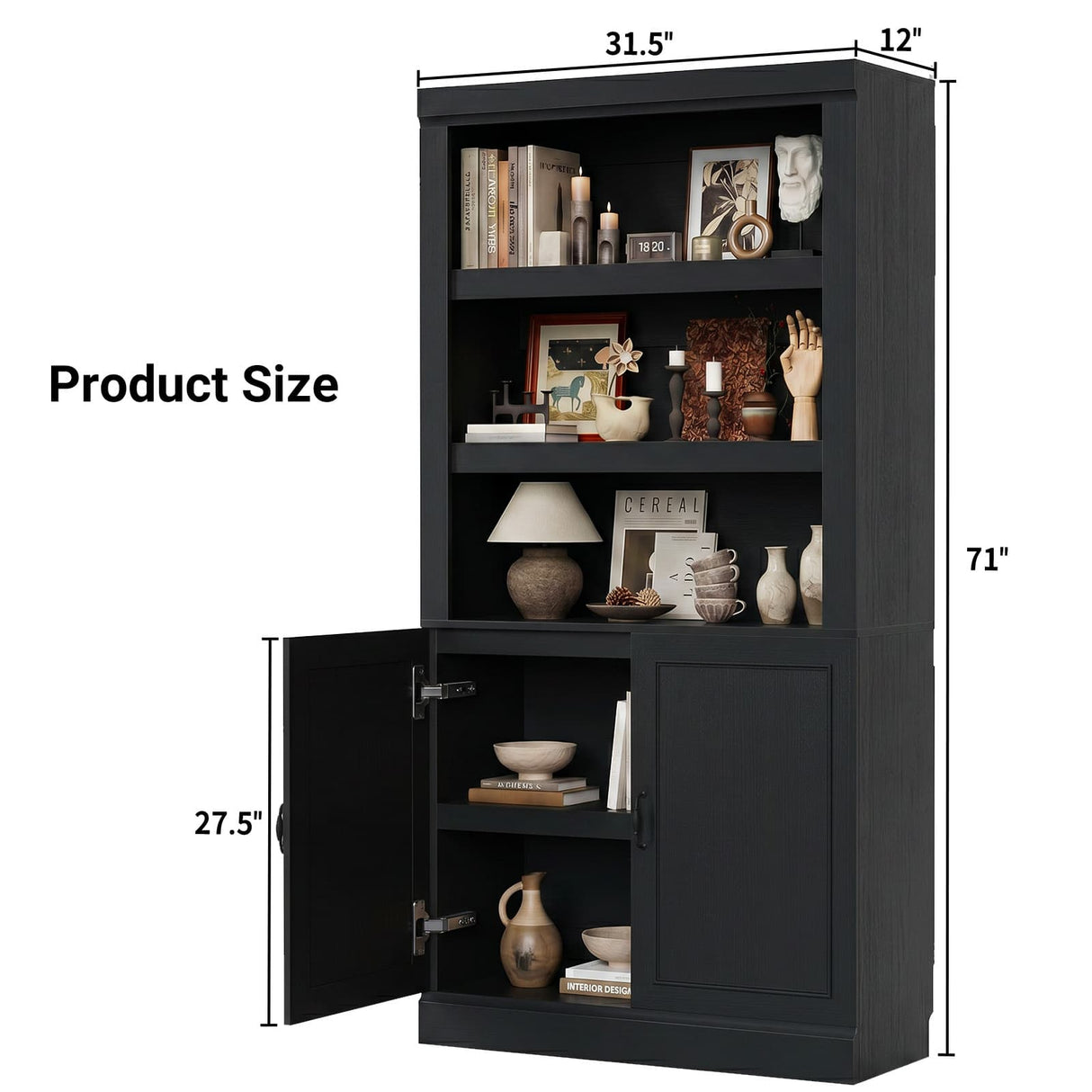 Storage 5-Shelf Bookcase, 71 Inch Tall Bookshelf with Doors and Adjustable Shelves