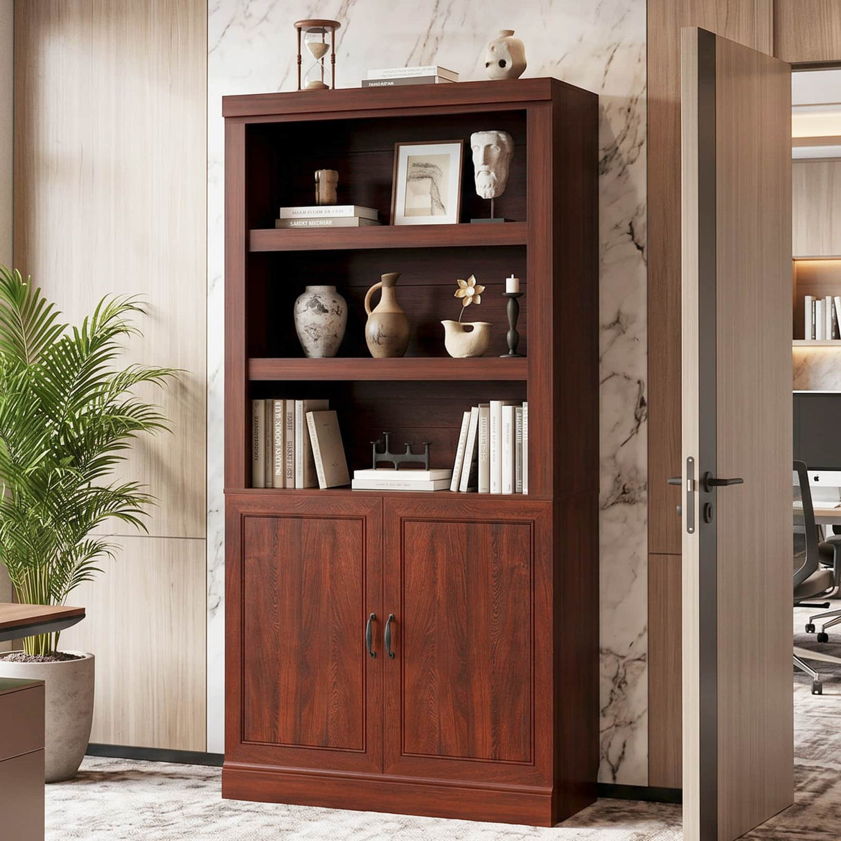 Storage 5-Shelf Bookcase, 71 Inch Tall Bookshelf with Doors and Adjustable Shelves