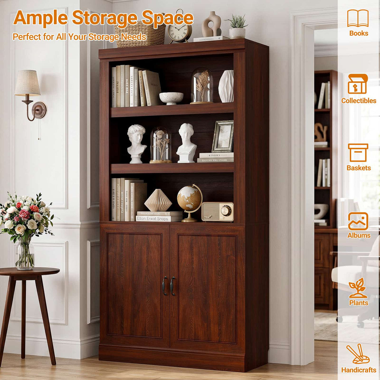 Storage 5-Shelf Bookcase, 71 Inch Tall Bookshelf with Doors and Adjustable Shelves