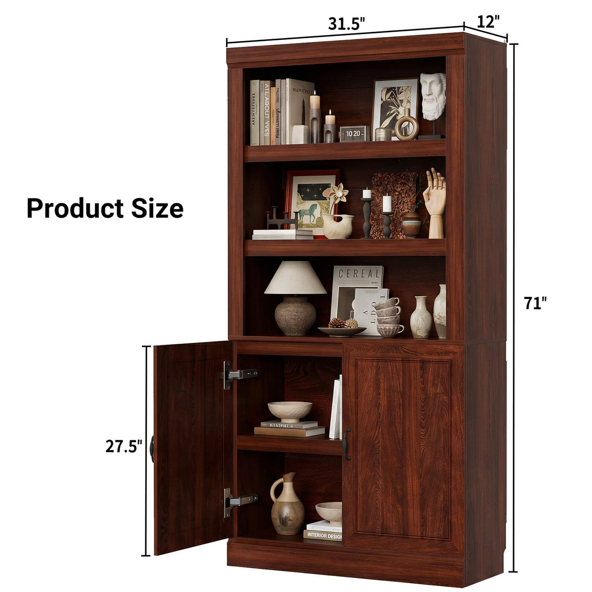 Storage 5-Shelf Bookcase, 71 Inch Tall Bookshelf with Doors and Adjustable Shelves