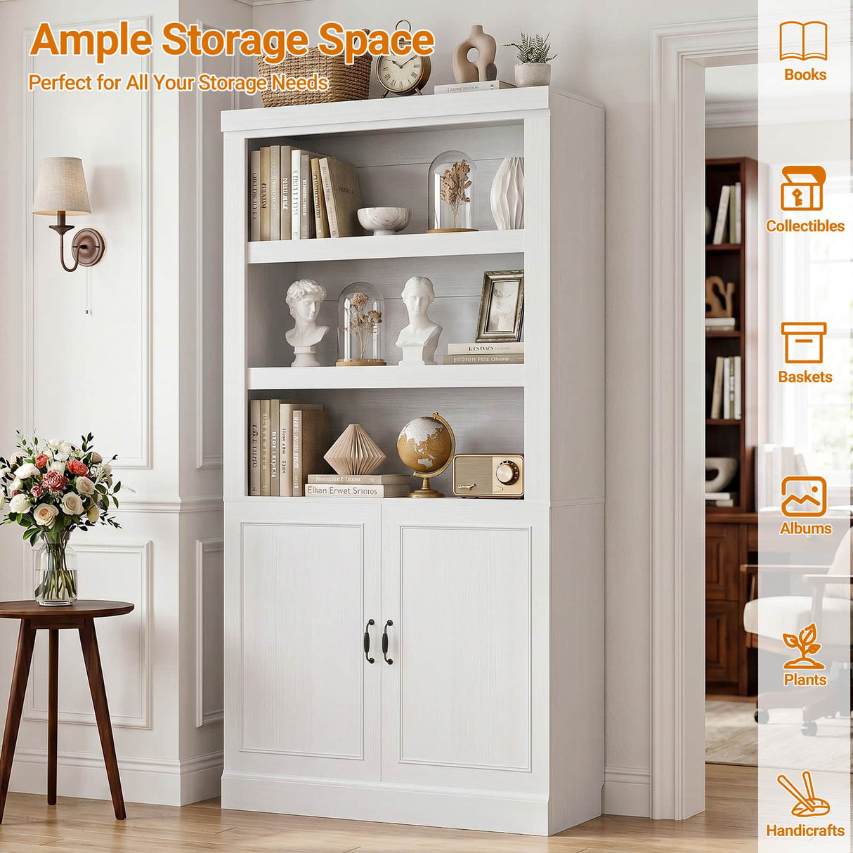 Storage 5-Shelf Bookcase, 71 Inch Tall Bookshelf with Doors and Adjustable Shelves