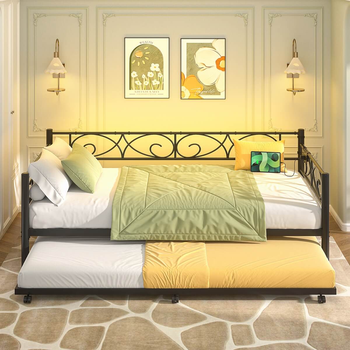 Twin Size Daybed with Trundle Bed, Comes with Charging Station & LED Lights
