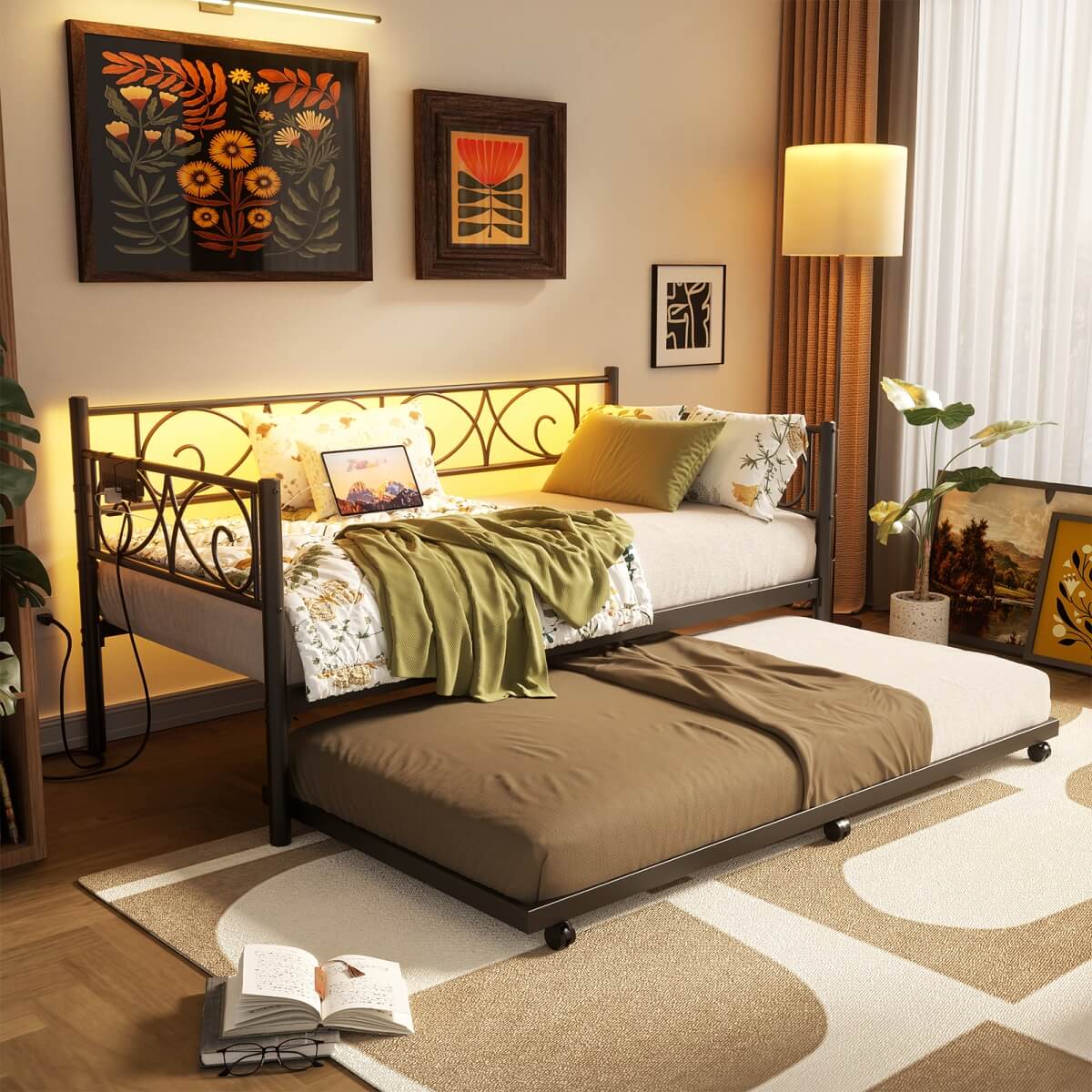 Twin Size Daybed with Trundle Bed, Comes with Charging Station & LED Lights