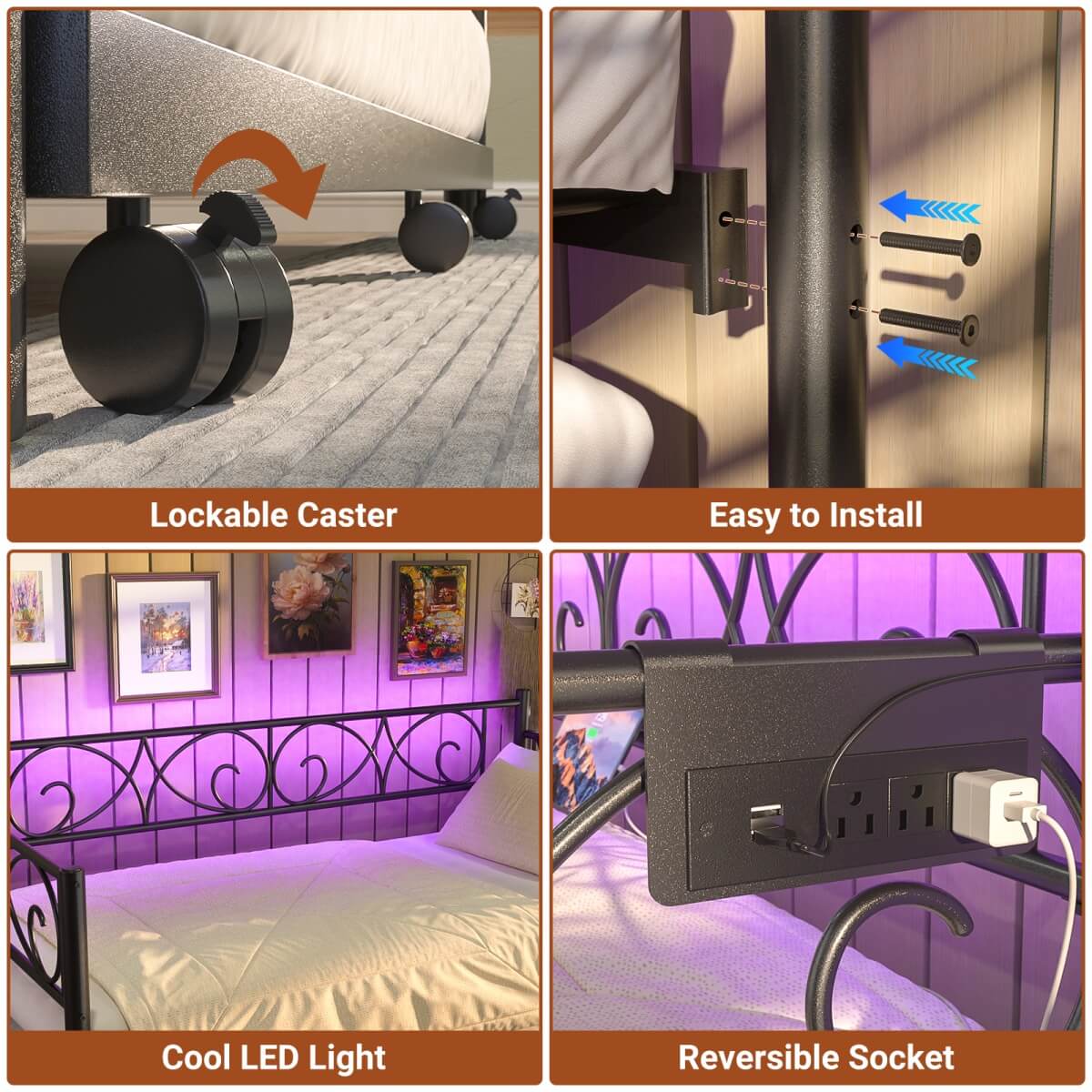 Twin Size Daybed with Trundle Bed, Comes with Charging Station & LED Lights