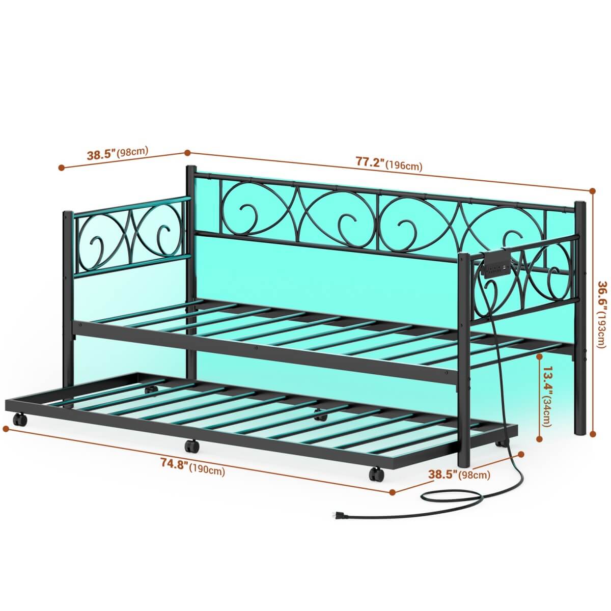 Twin Size Daybed with Trundle Bed, Comes with Charging Station & LED Lights