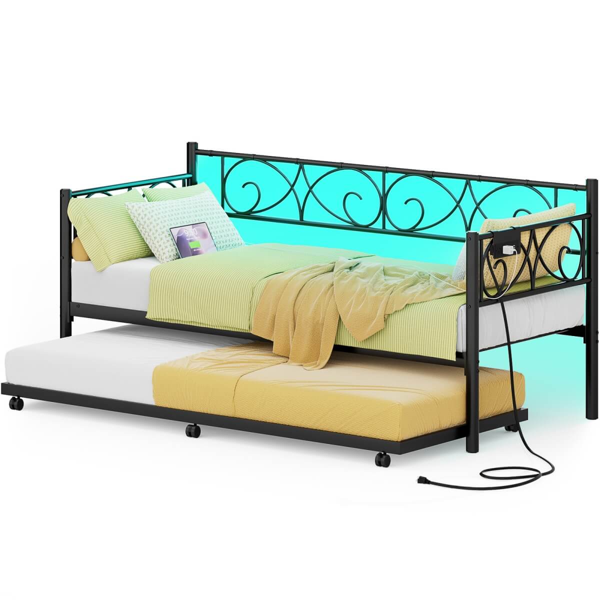 Twin Size Daybed with Trundle Bed, Comes with Charging Station & LED Lights