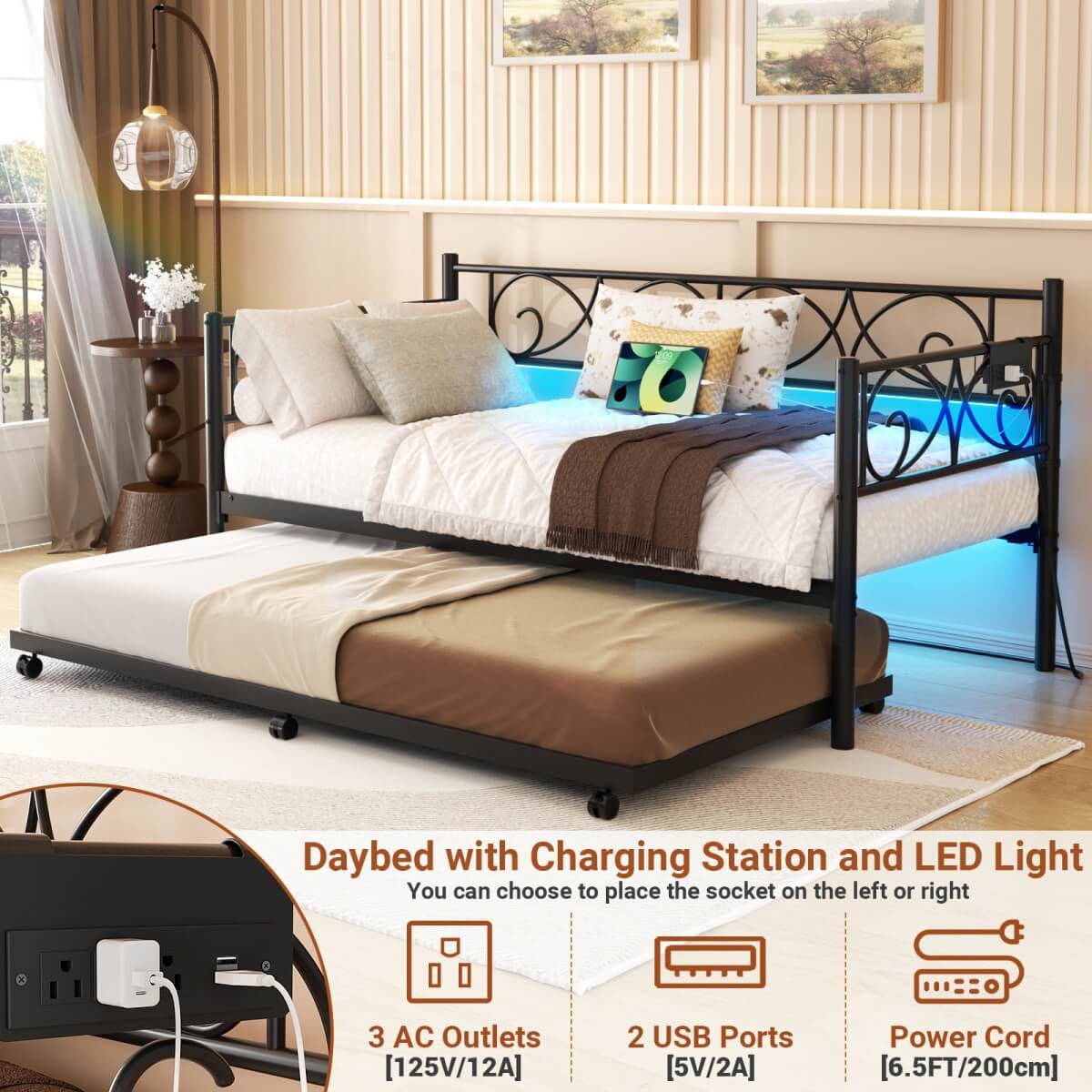 Twin Size Daybed with Trundle Bed, Comes with Charging Station & LED Lights