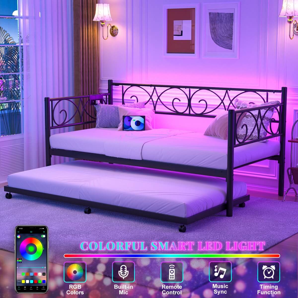 Twin Size Daybed with Trundle Bed, Comes with Charging Station & LED Lights