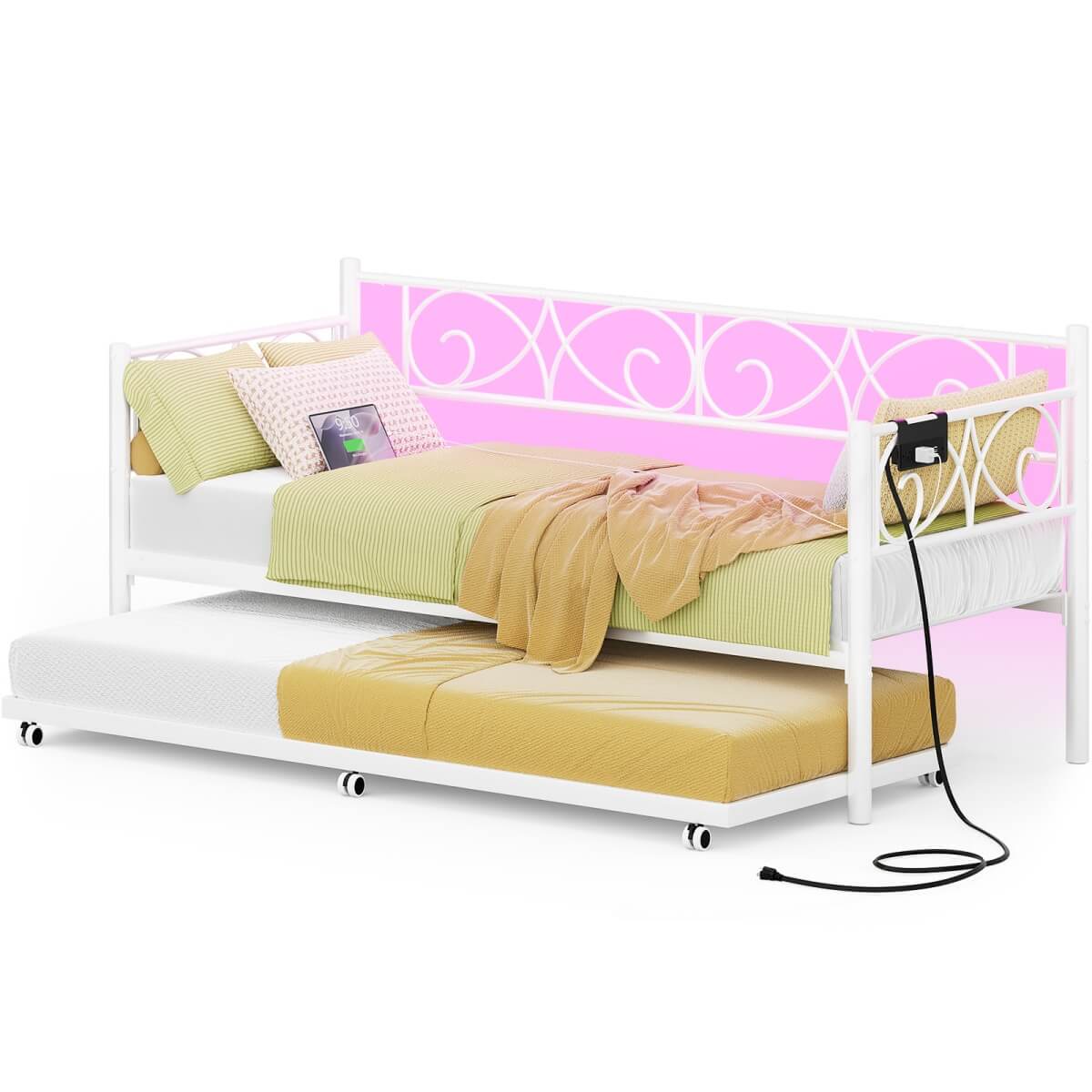 Twin Size Daybed with Trundle Bed, Comes with Charging Station & LED Lights