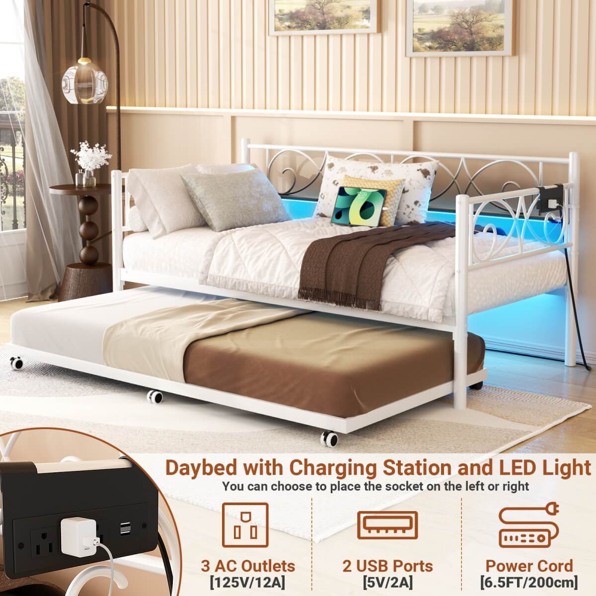 Twin Size Daybed with Trundle Bed, Comes with Charging Station & LED Lights