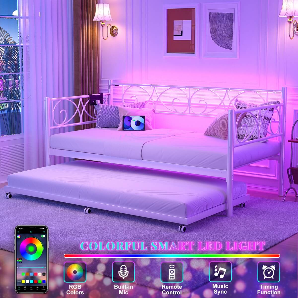 Twin Size Daybed with Trundle Bed, Comes with Charging Station & LED Lights