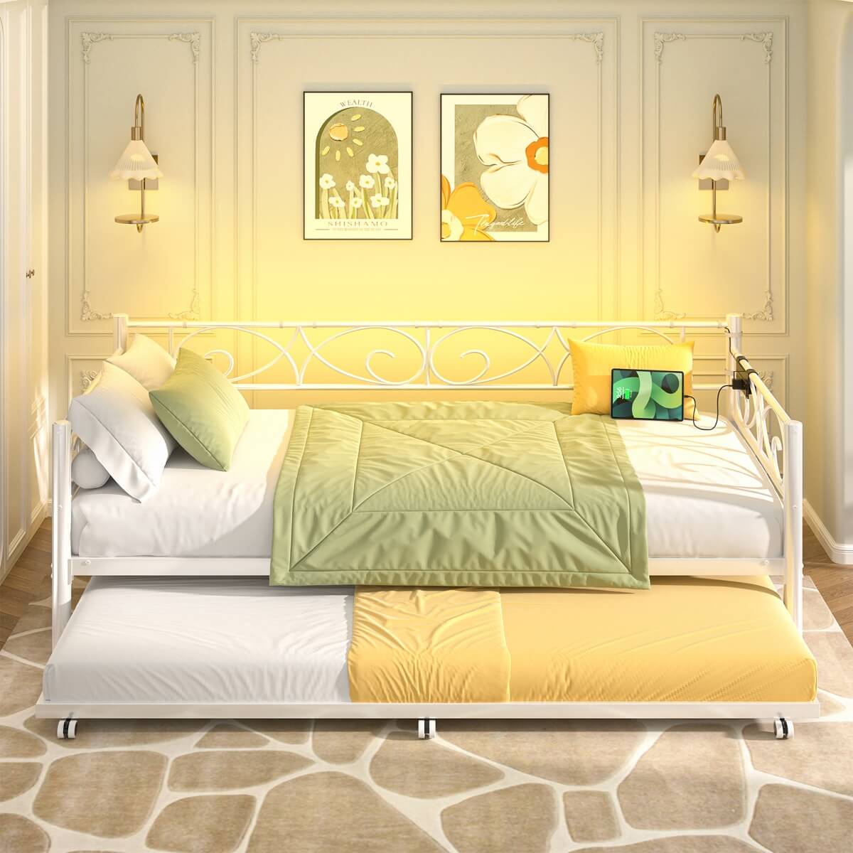 Twin Size Daybed with Trundle Bed, Comes with Charging Station & LED Lights