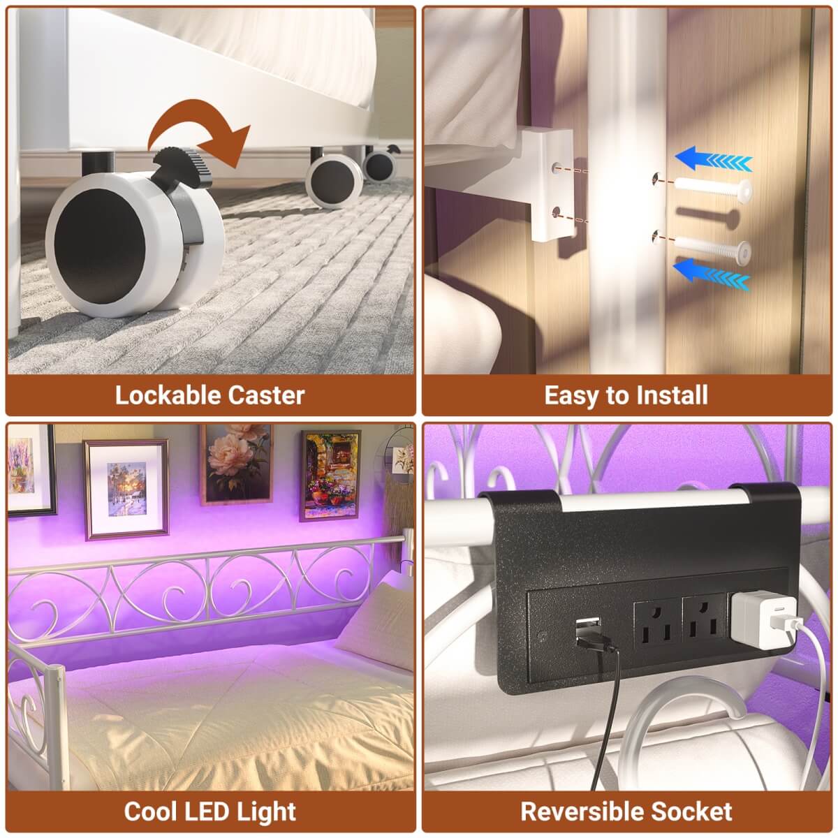 Twin Size Daybed with Trundle Bed, Comes with Charging Station & LED Lights