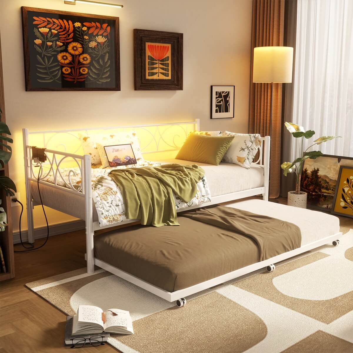 Twin Size Daybed with Trundle Bed, Comes with Charging Station & LED Lights