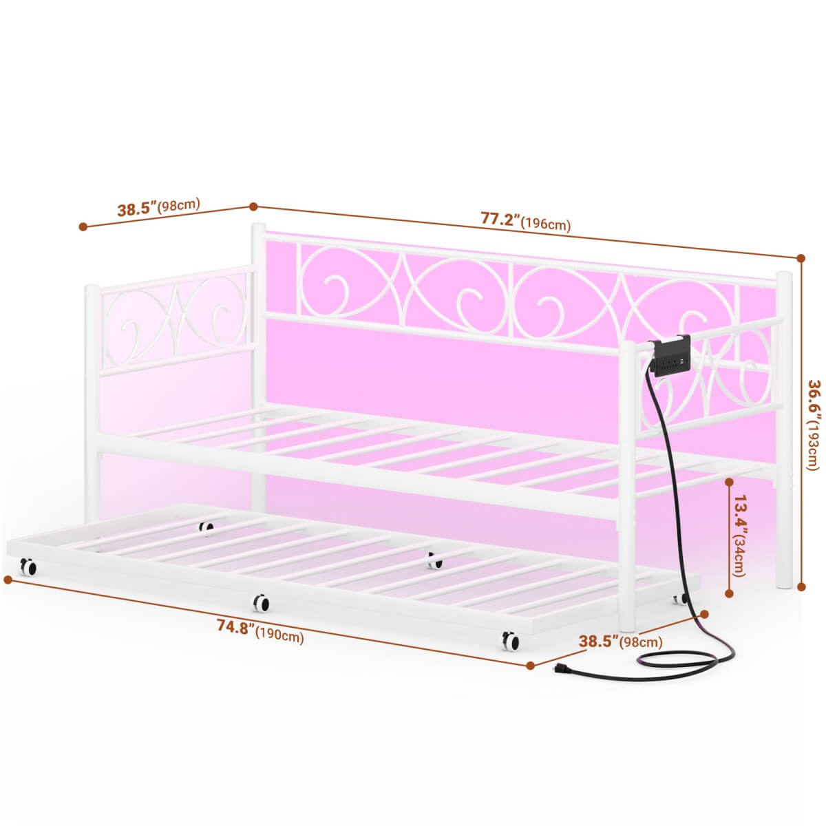 Twin Size Daybed with Trundle Bed, Comes with Charging Station & LED Lights