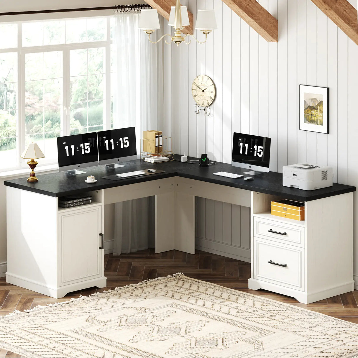 59'' L Shaped Desk with Drawers and Cabinet